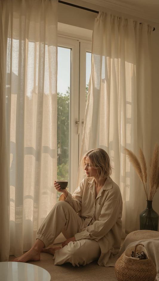 "woman practicing slow living morning routine by window with tea"
