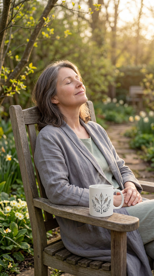 Woman sitting in a garden chair with eyes closed in warm April afternoon light holding a ceramic mug — slow living in late April by Trees and Leaves