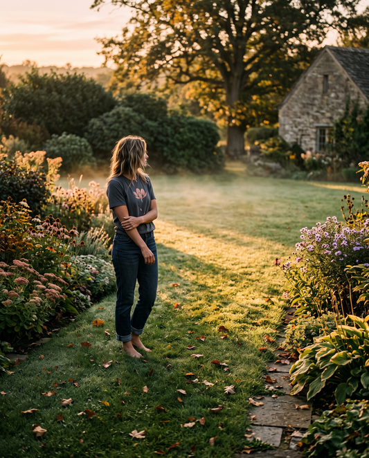 Woman standing at the edge of a garden in early September morning light wearing a charcoal tee, low-angled warm light and a few fallen leaves on the ground — what September asks of you by Trees and Leaves