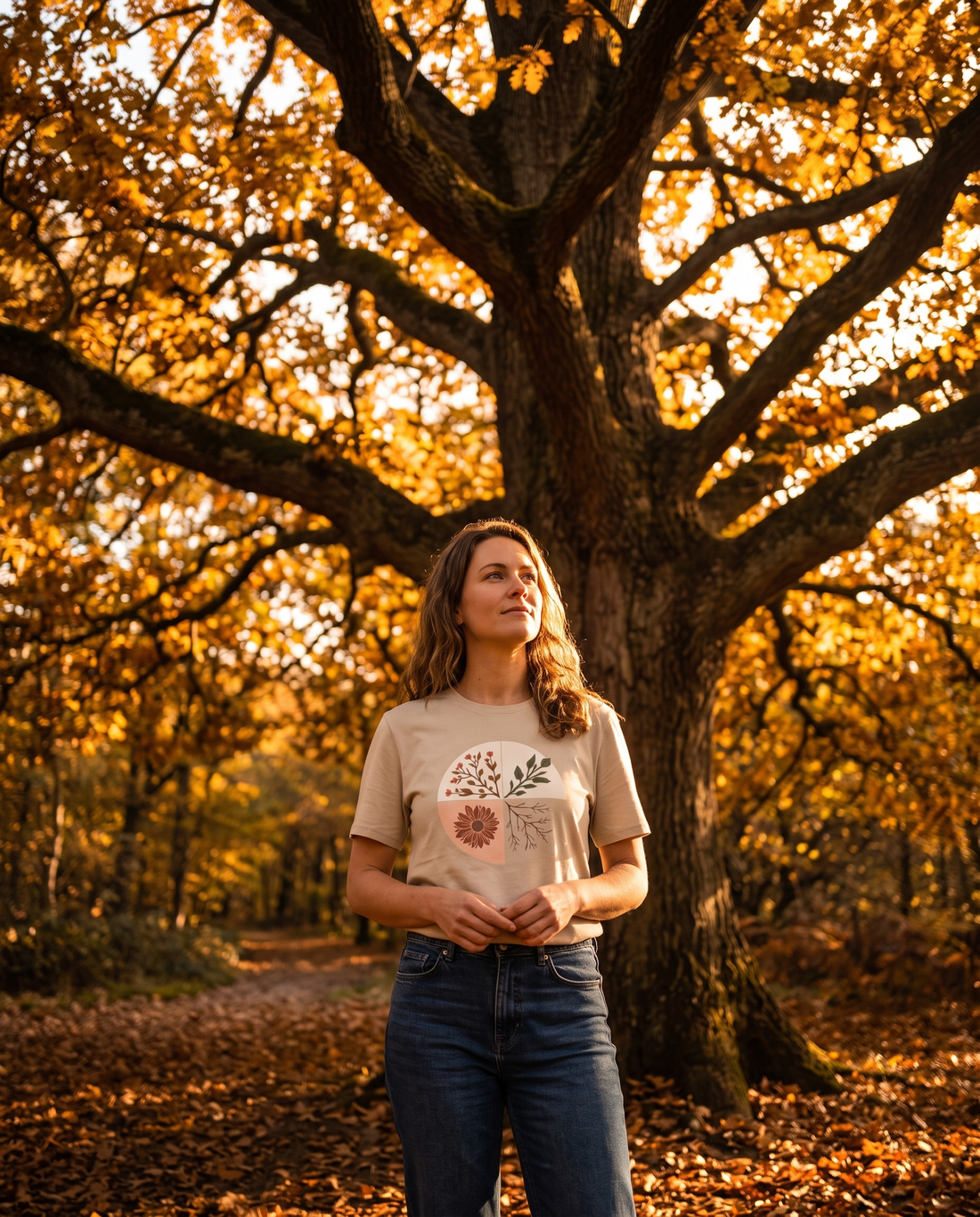 Woman standing beneath a large oak tree in full autumn color looking up into amber and gold backlit leaves wearing a sand-colored tee — why autumn colors make you feel something by Trees and Leaves