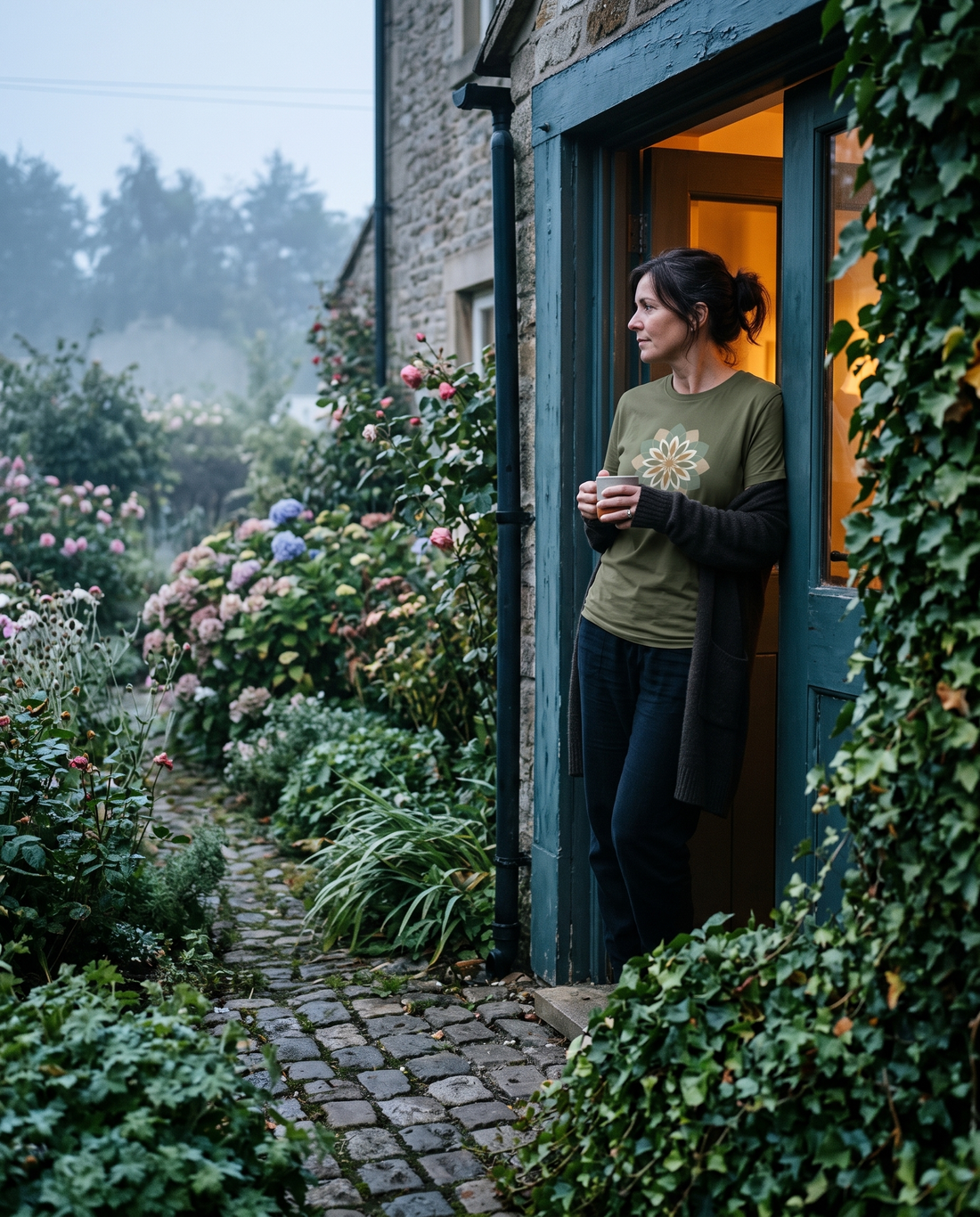 Woman standing in a doorway looking out at a misty September morning garden with a long sleeve draped over her arm — the first layer of autumn slow living by Trees and Leaves
