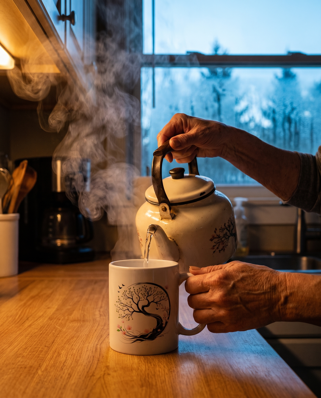  A woman's hands pouring hot water from a kettle into a ceramic mug in soft morning light with steam rising — rituals not routines slow living by Trees and Leaves