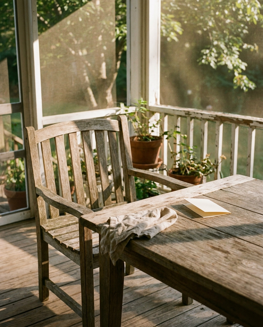 An empty chair at a cleared brunch table on a sunlit porch with an unopened card resting beside a folded napkin — what Father's Day gets wrong by Trees and Leaves
