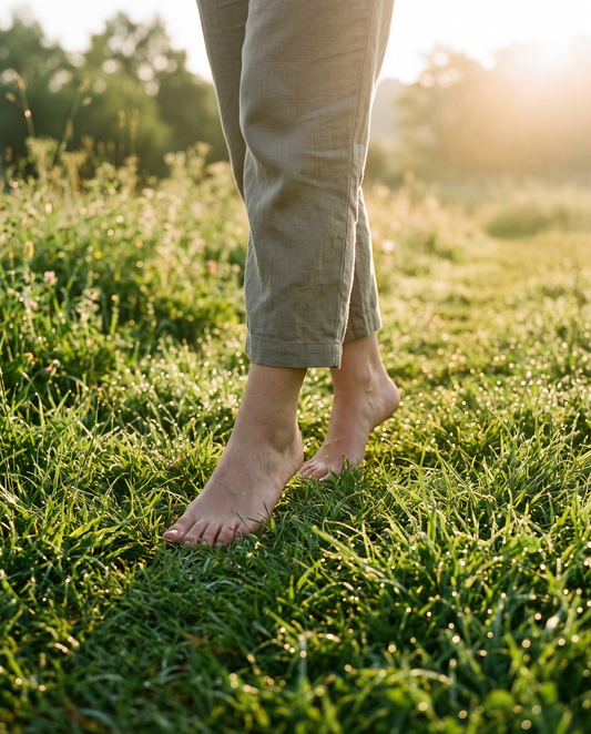 Bare feet standing on dew-covered grass in early morning golden light — the science of grounding and barefoot walking by Trees and Leaves