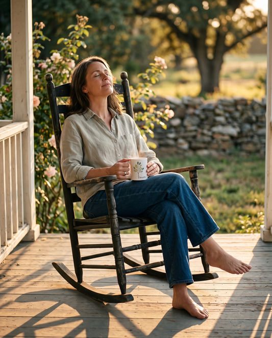 a woman in her mid-40s sitting in a wooden rocking chair on a weathered porch at golden hour, feet bare,  — what a porch is for by Trees and Leaves