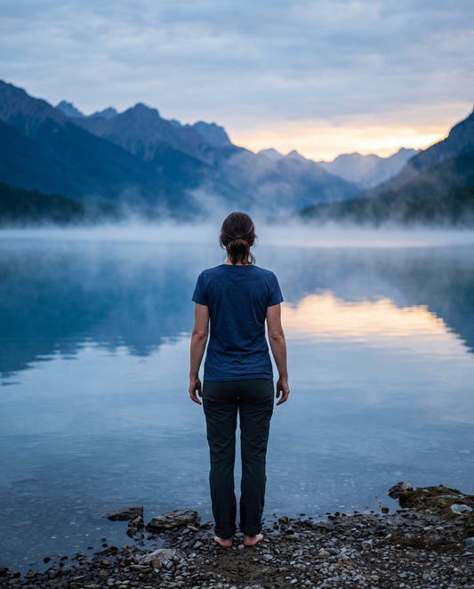 Woman standing at the edge of a still blue lake at dawn wearing a heather navy tee, mist rising off the water — the science of why blue calms you down by Trees and Leaves