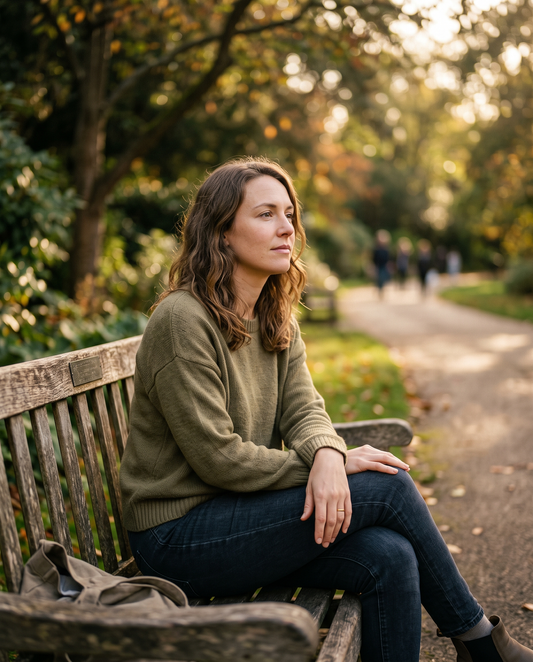 Woman sitting alone on a park bench with empty hands resting in her lap, gazing into the distance with no phone visible — the case for boredom by Trees and Leaves