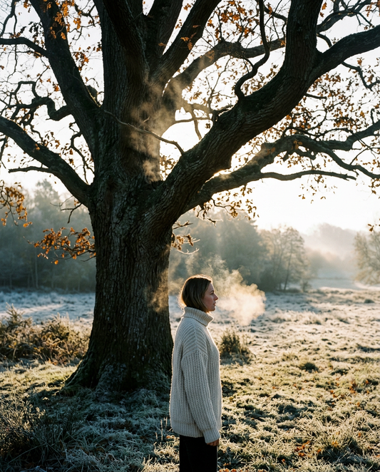 Woman in a cream sweater beside a large oak in a frosty meadow at sunrise, her breath visible as vapor rises from the sunlit tree — how trees breathe by Trees and Leaves