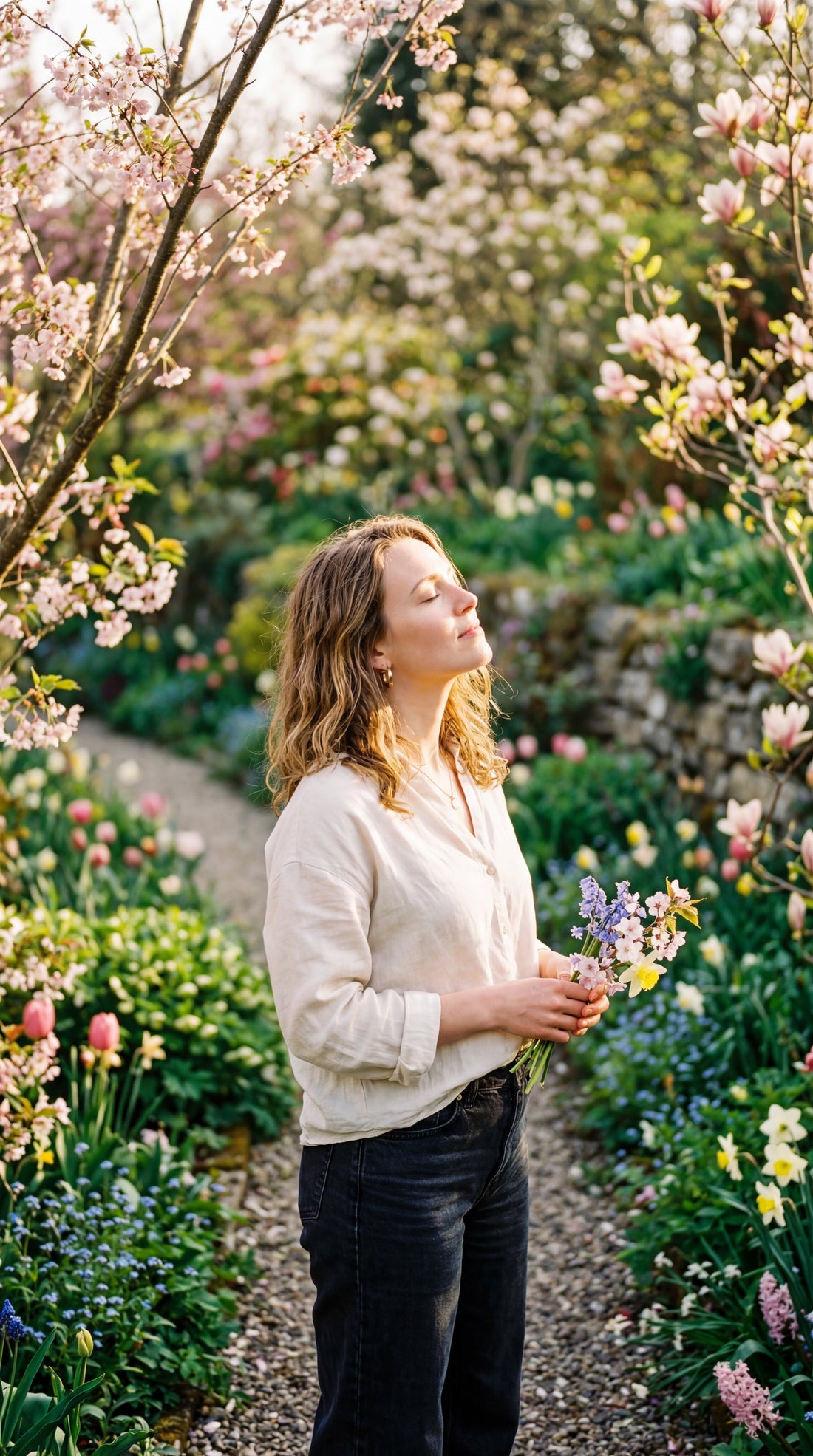 Woman standing in a spring garden with eyes closed in warm April light surrounded by budding trees — why April is the kindest month by Trees and Leaves