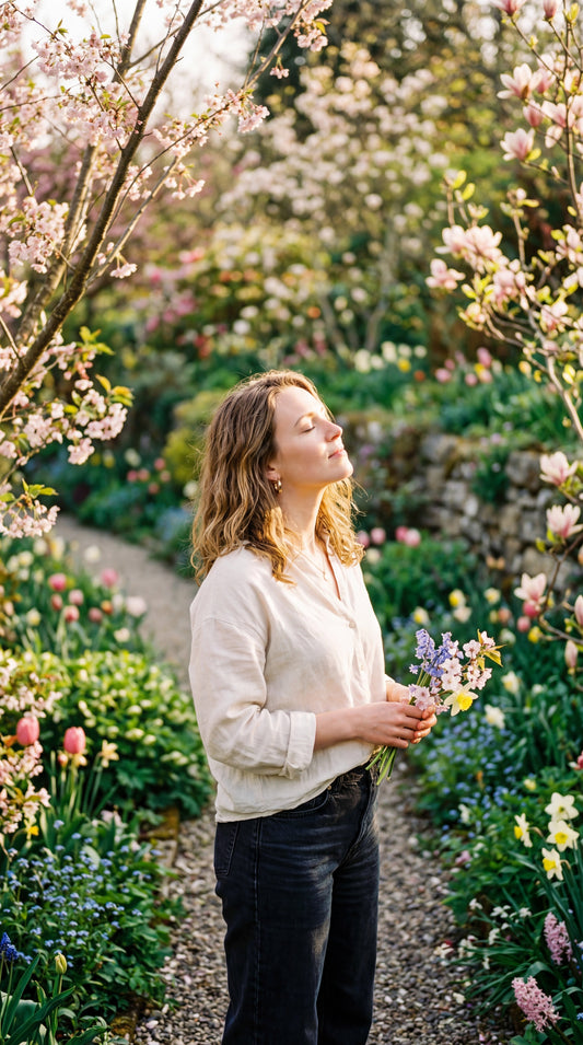 Woman standing in a spring garden with eyes closed in warm April light surrounded by budding trees — why April is the kindest month by Trees and Leaves