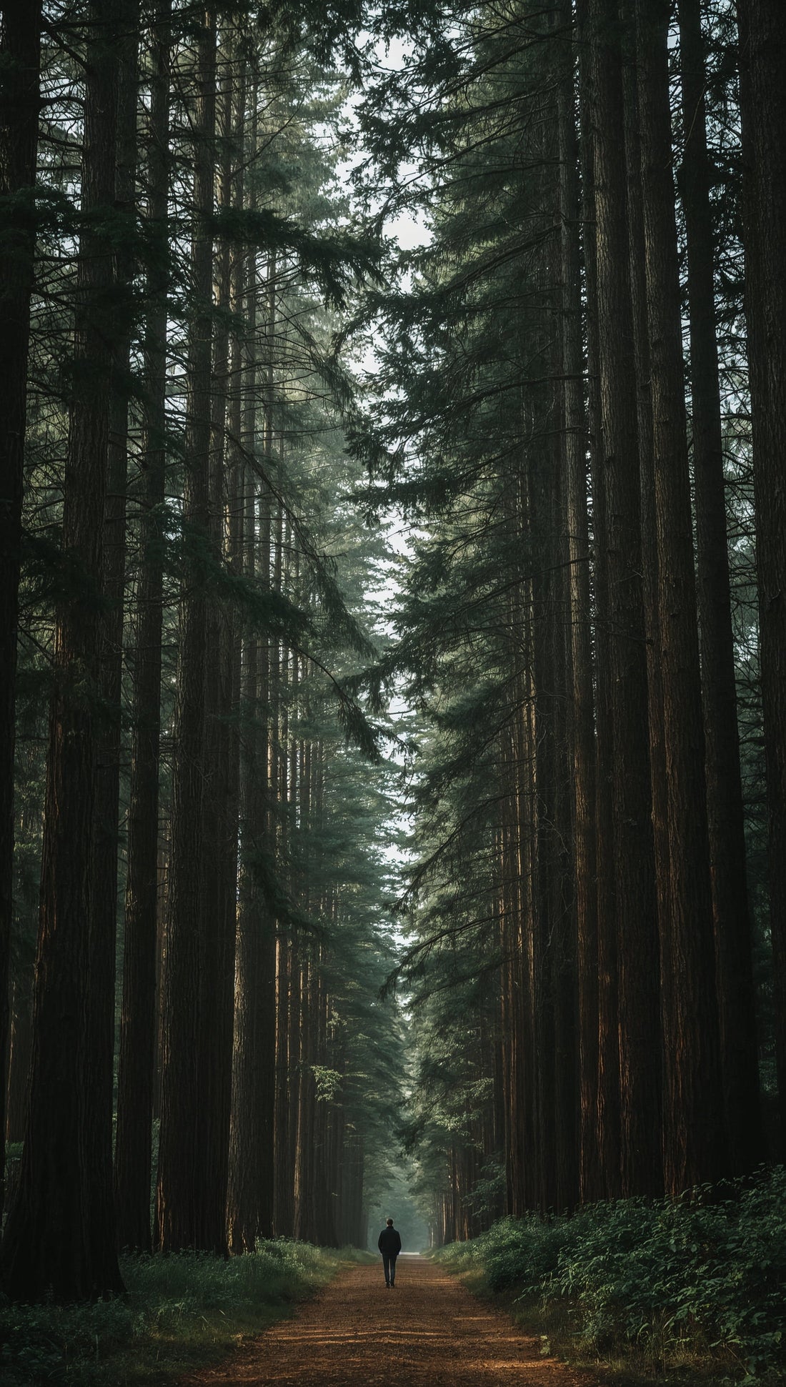 "Person walking mindfully through an ancient misty forest — forest bathing practice for slow living and stress relief. Trees & Leaves."