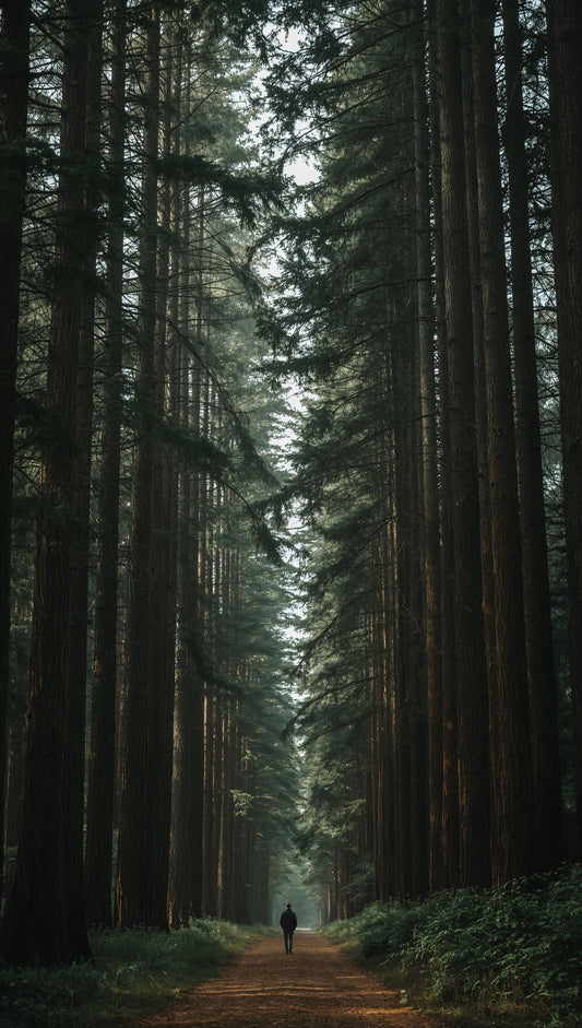 "Person walking mindfully through an ancient misty forest — forest bathing practice for slow living and stress relief. Trees & Leaves."