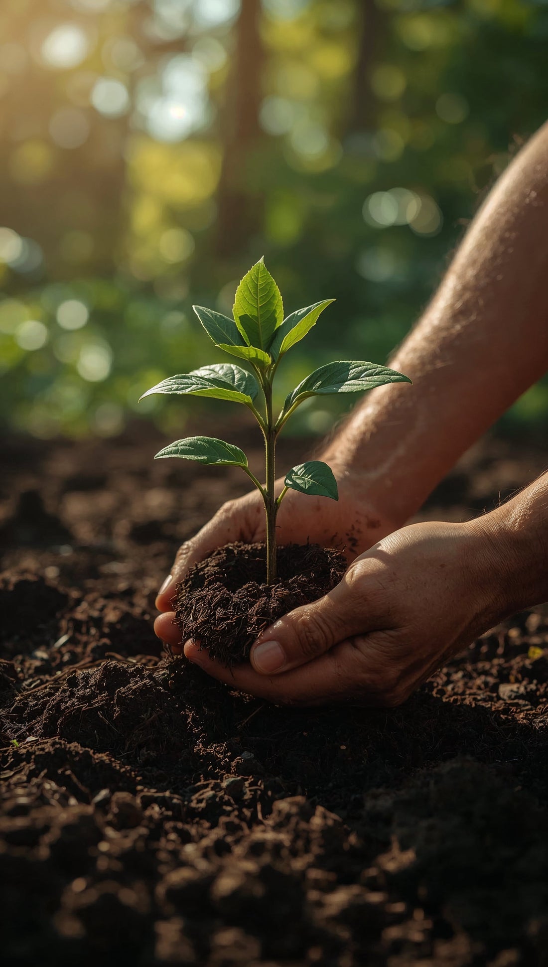 Hands planting a young tree sapling in rich dark soil with warm golden sunlight and a lush green forest in the background — 1 Item 1 Tree Planted by Trees and Leaves