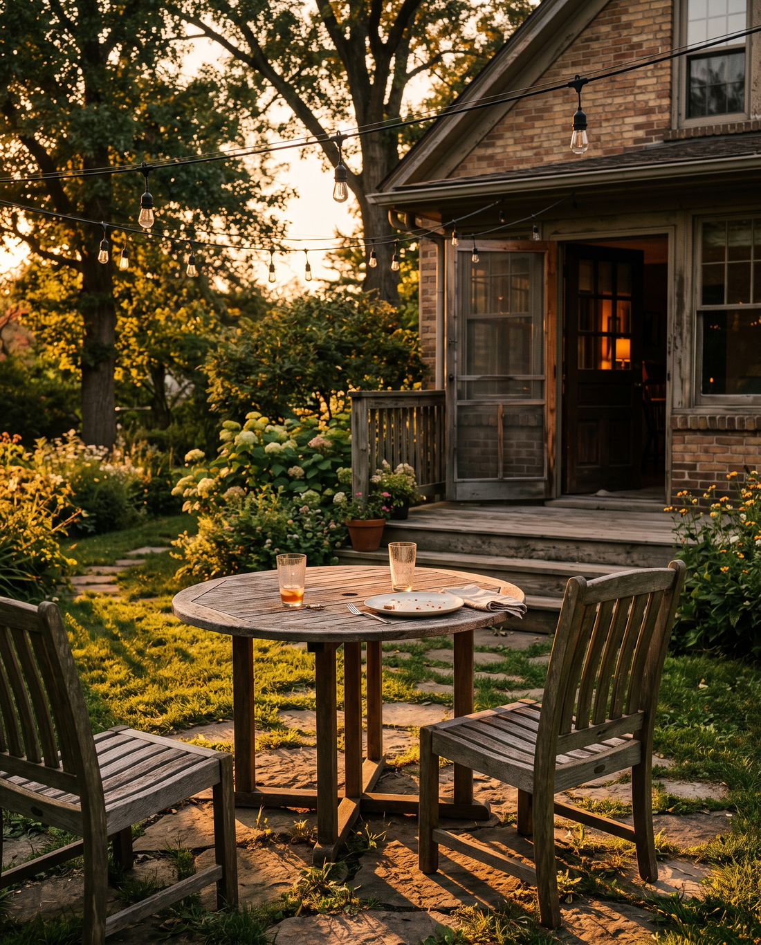 Empty backyard dinner table at golden hour with two glasses and string lights not yet on — why we remember summers wrong by Trees and Leaves