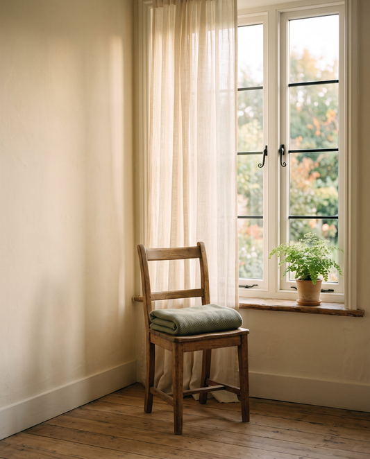  A single wooden chair facing a tall window with soft September morning light and a potted fern on the windowsill — the quiet room slow living by Trees and Leaves