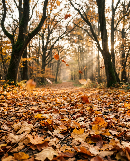 Low ground-level view down a quiet tree-lined path covered in fallen gold and orange leaves, more leaves drifting down in soft afternoon light, branches arching overhead — why trees let go by Trees and Leaves
