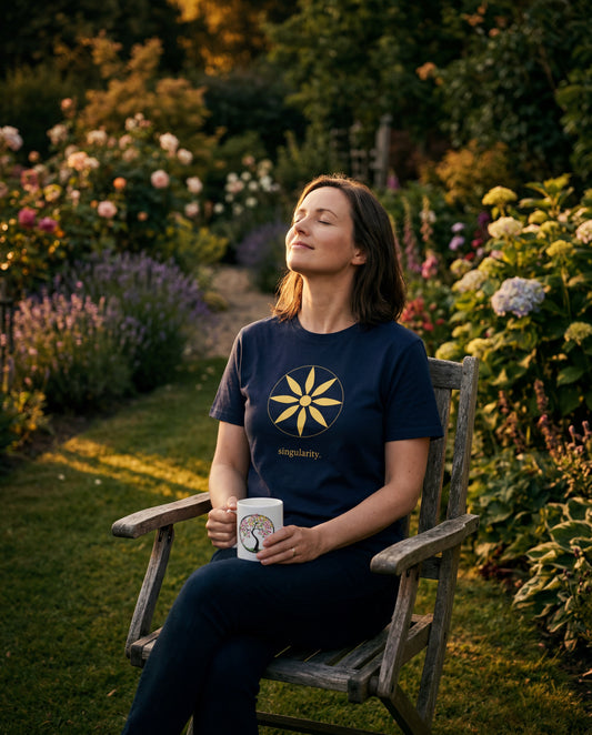 Woman sitting in a garden chair at golden hour, eyes closed, wearing a Singularity heather navy tee and holding a Trees and Leaves mug — slow living in summer by Trees and Leaves