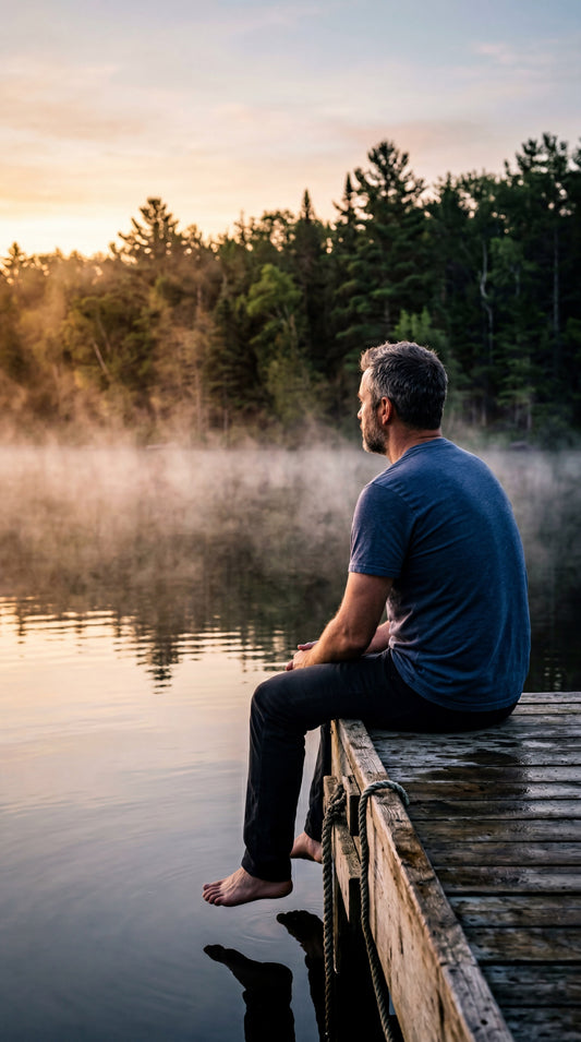 Man in his mid-40s sitting barefoot on a weathered lake dock at dawn, seen from behind, looking out across still misty water toward a pine treeline in golden morning light — what it looks like when a man finally slows down by Trees and Leaves