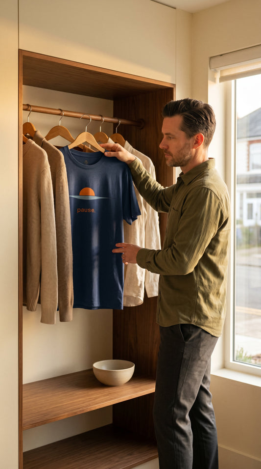 Man in his late 30s reaching intentionally for a heather navy Pause tee in a minimal curated wardrobe with earth-toned clothing, warm morning light, olive shirt, wooden shelving — minimalist wardrobe and slow living by Trees and Leaves.