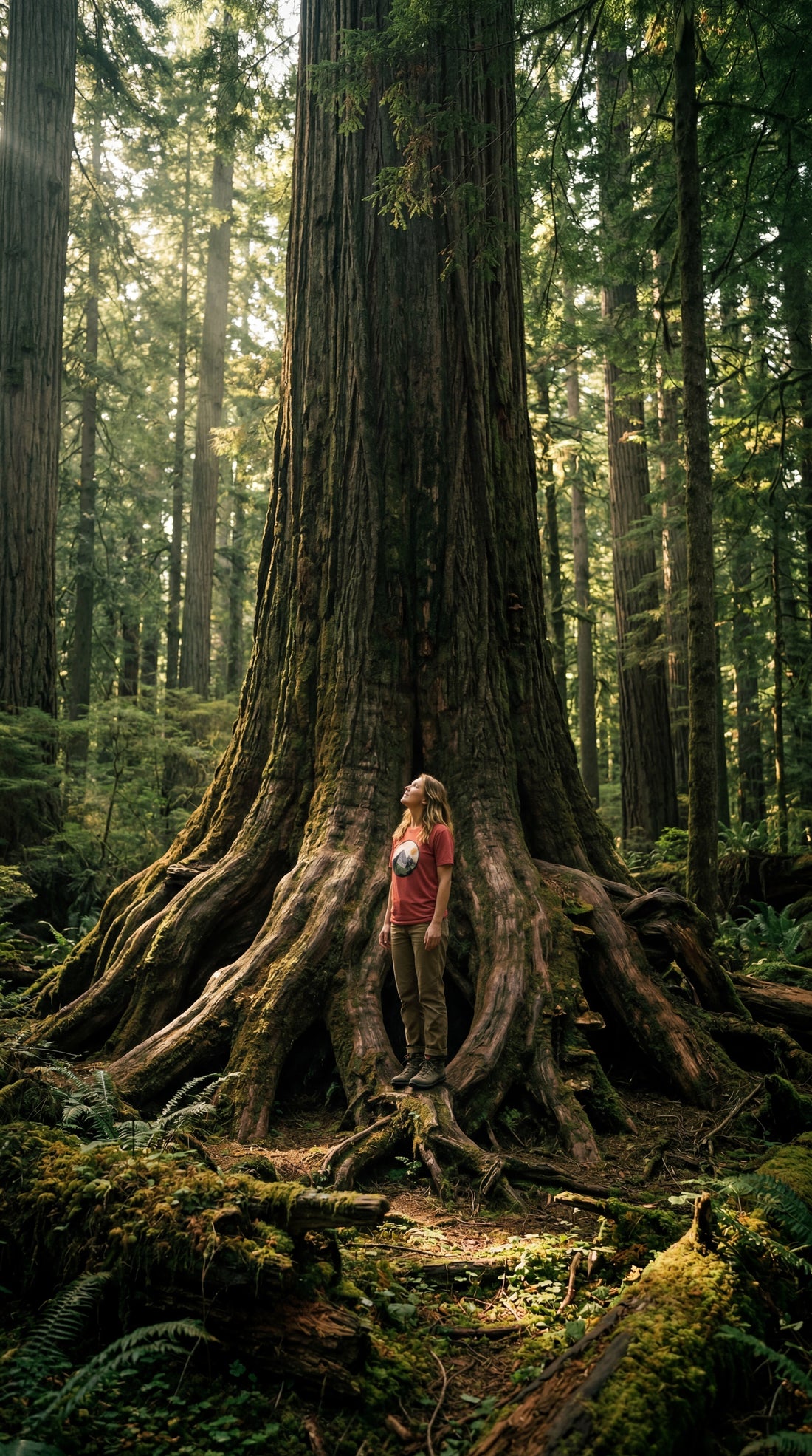 Woman standing between the massive roots of an ancient redwood tree in a mossy old-growth forest, looking up in wonder, soft light filtering through the canopy above