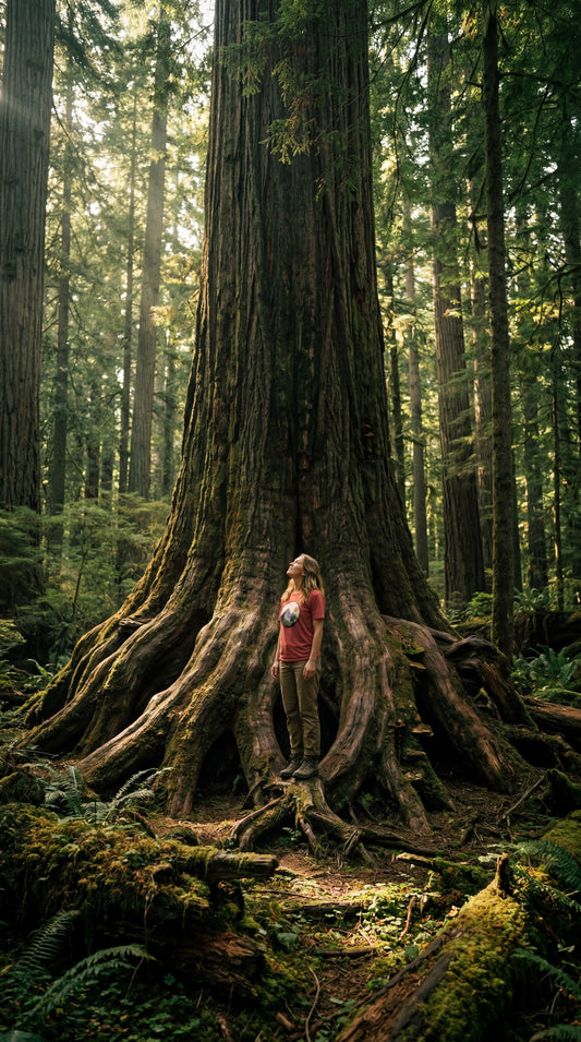 Woman standing between the massive roots of an ancient redwood tree in a mossy old-growth forest, looking up in wonder, soft light filtering through the canopy above