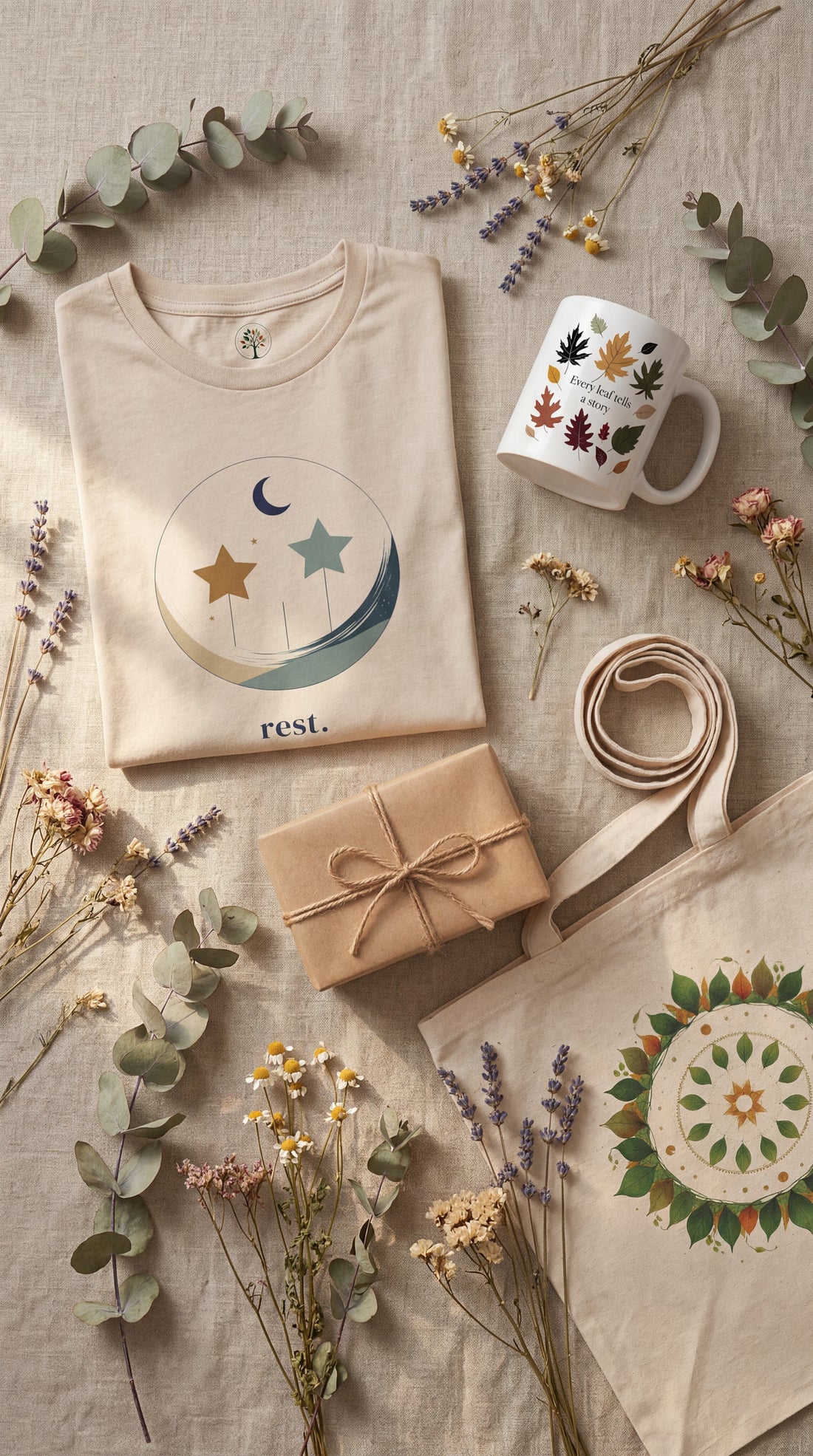 Mother's Day gift guide flat lay, folded sand Rest tee, Every Leaf Tells a Story mug, Celestial Growth tote bag, twine-wrapped gift, dried eucalyptus and wildflowers on natural linen, Trees and Leaves