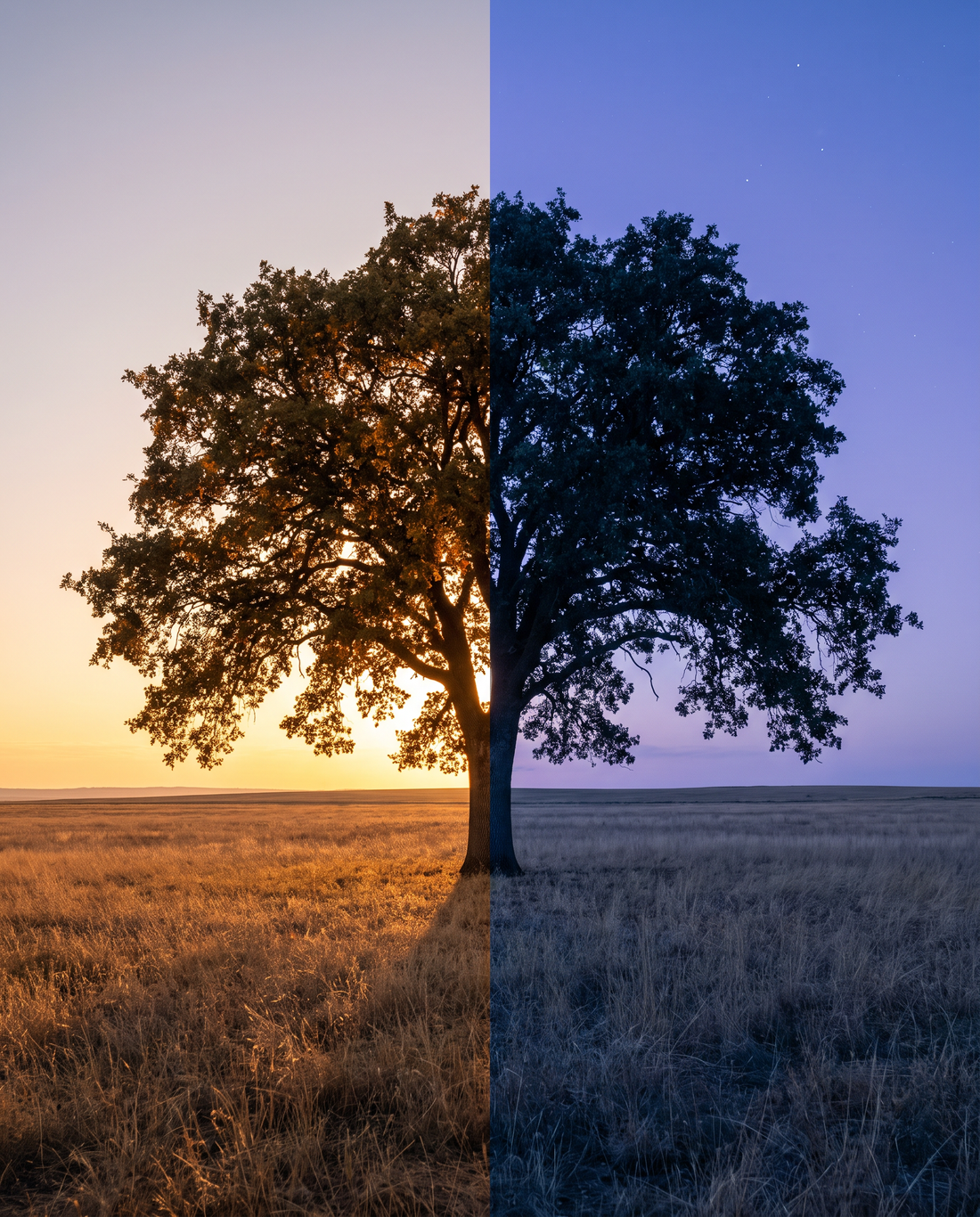 A single tree in an open field split between warm golden sunset light and cool blue dusk shadow — the autumn equinox and the balance of light and dark by Trees and Leaves