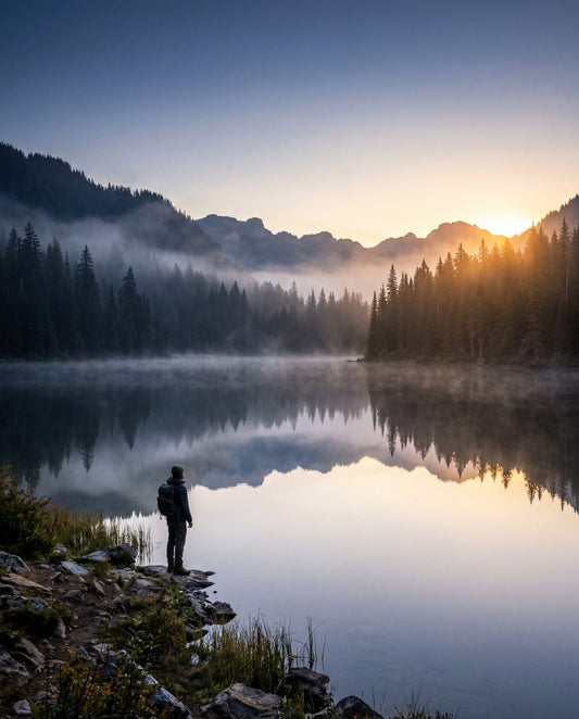 Man standing alone at the edge of a misty mountain lake at dawn, golden sunrise light breaking through the peaks on the right, pine forest reflected in the perfectly still water — summer solstice slow living by Trees and Leaves