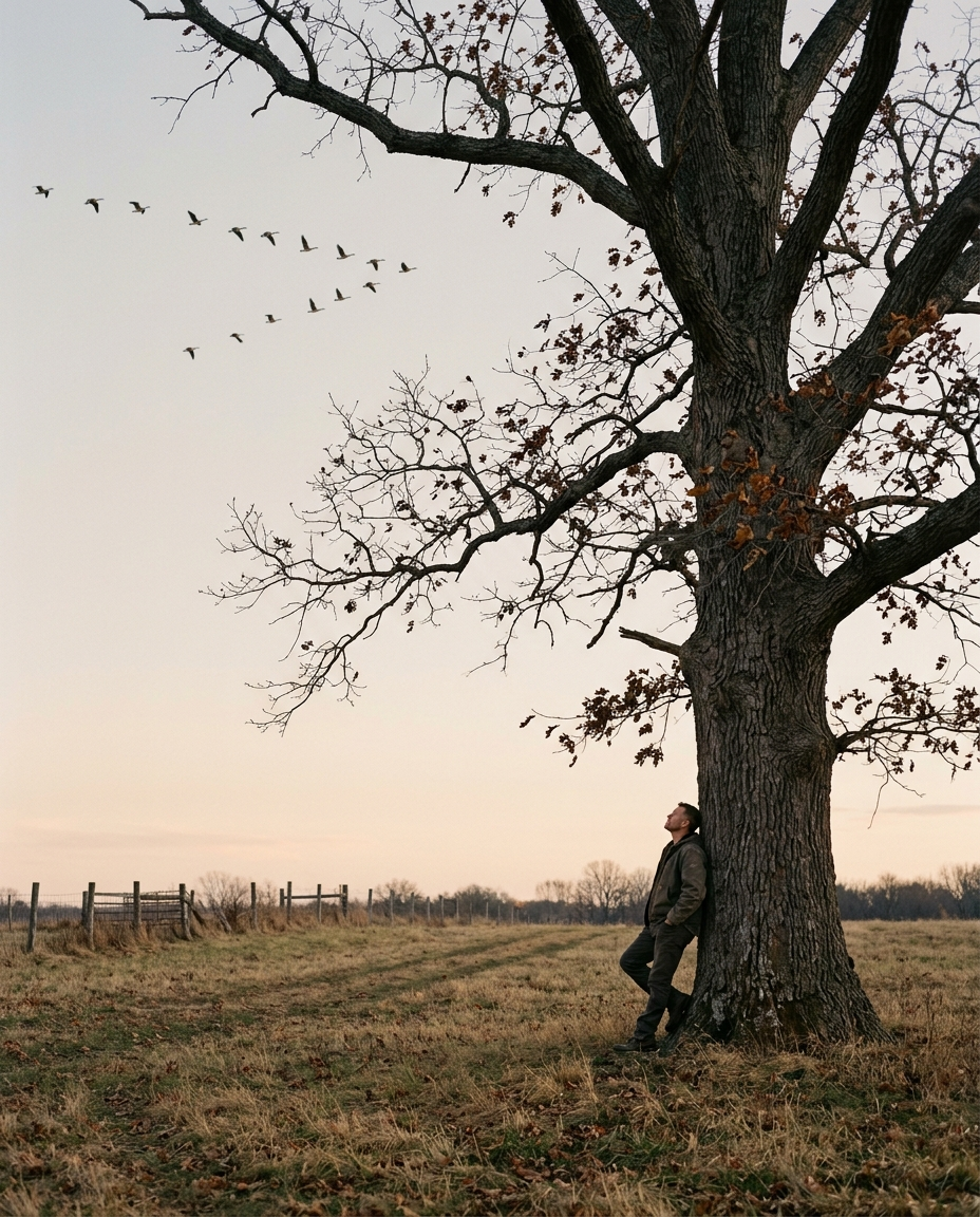  Man in a dark jacket leaning against a large oak at dusk, one boot propped on the trunk, looking up toward a loose V of geese crossing a pale sky — why trees stay by Trees and Leaves