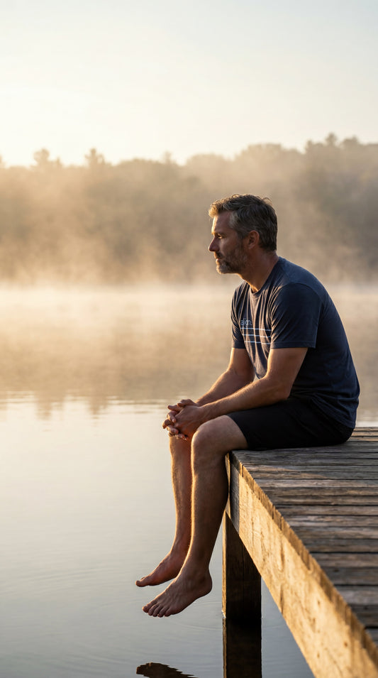 Man in his mid-50s sitting barefoot on a wooden dock at misty sunrise, hands clasped, looking out across a still golden lake wearing an Align heather navy tee — mindful Father's Day gifts 2026 by Trees and Leaves