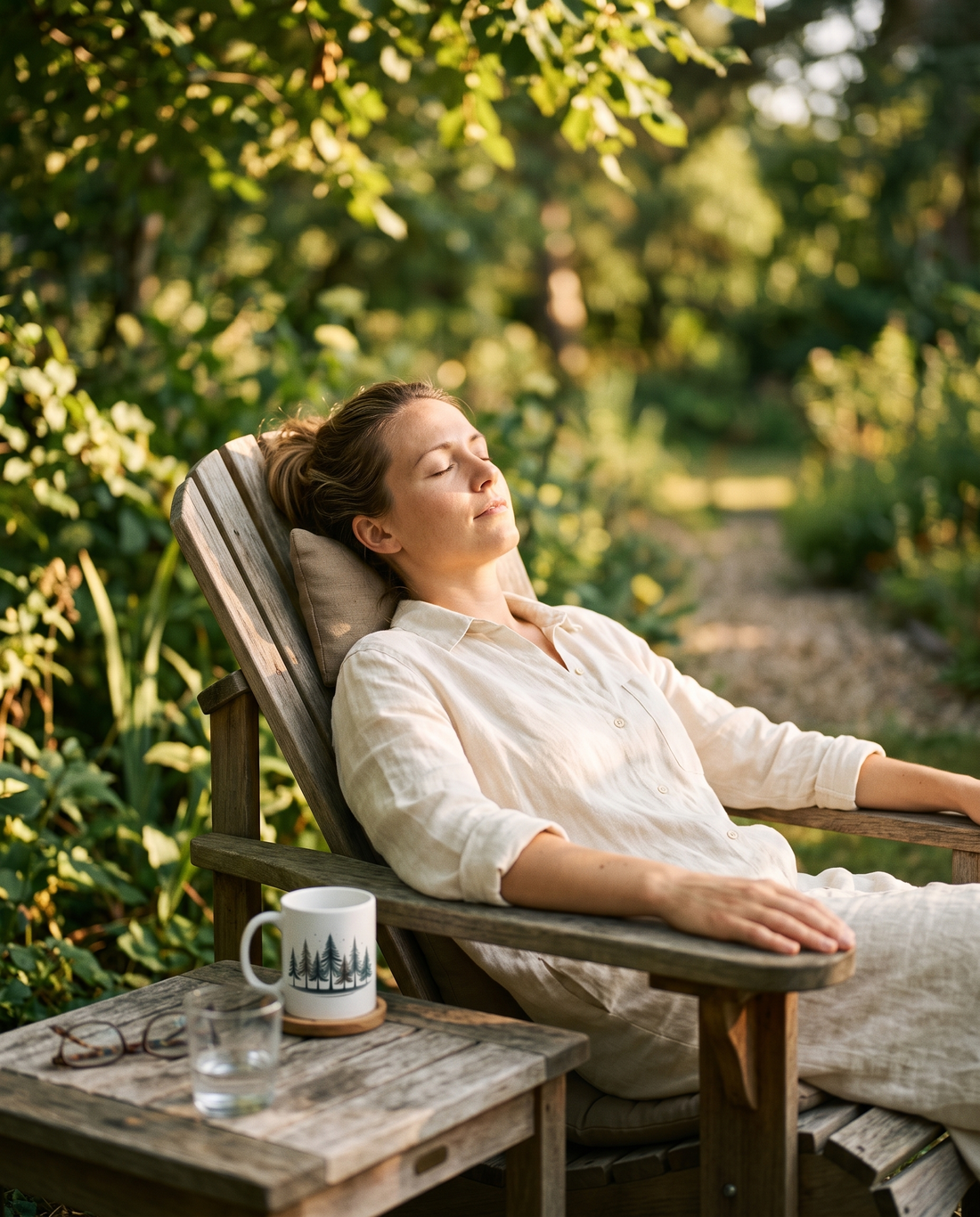  Woman reclining in a wooden Adirondack chair in a lush summer garden, eyes closed, wearing cream linen, a Trees & Leaves mug on the side table beside her — dolce far niente slow living by Trees and Leaves.