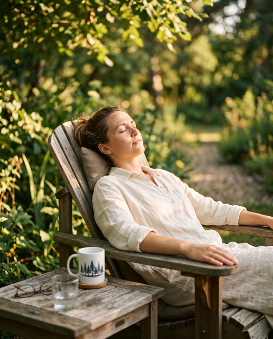  Woman reclining in a wooden Adirondack chair in a lush summer garden, eyes closed, wearing cream linen, a Trees & Leaves mug on the side table beside her — dolce far niente slow living by Trees and Leaves.