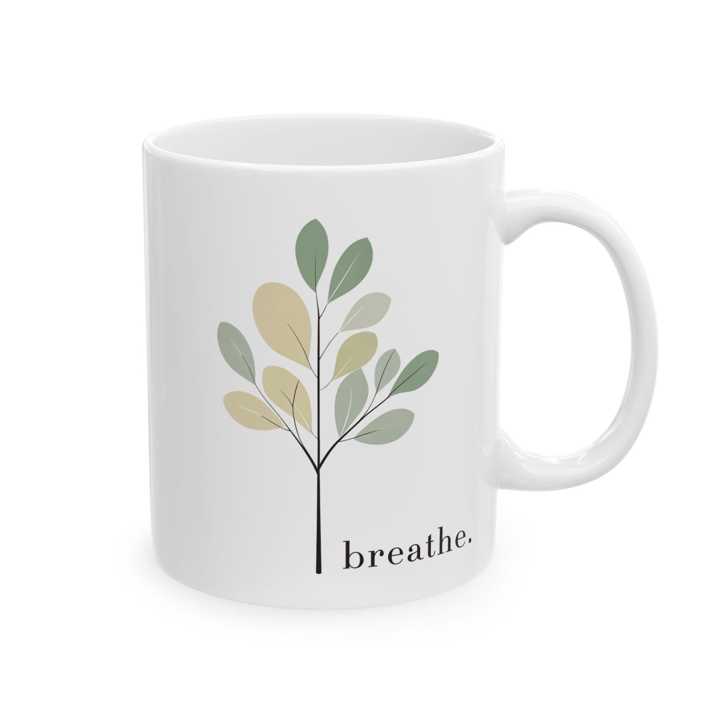 Breathe ceramic coffee mug 11oz — minimalist botanical branch design with soft sage green and warm gold leaves, glossy white ceramic. Trees & Leaves slow living drinkware.