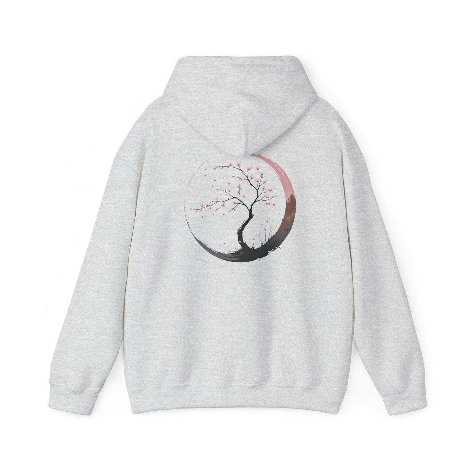 Ash unisex hoodie featuring a back-print of a ink-brushed enso circle with a blooming sakura tree — dark brushstroke base, soft pink blossoms, and a blush crescent accent. Minimalist Japanese-inspired design.