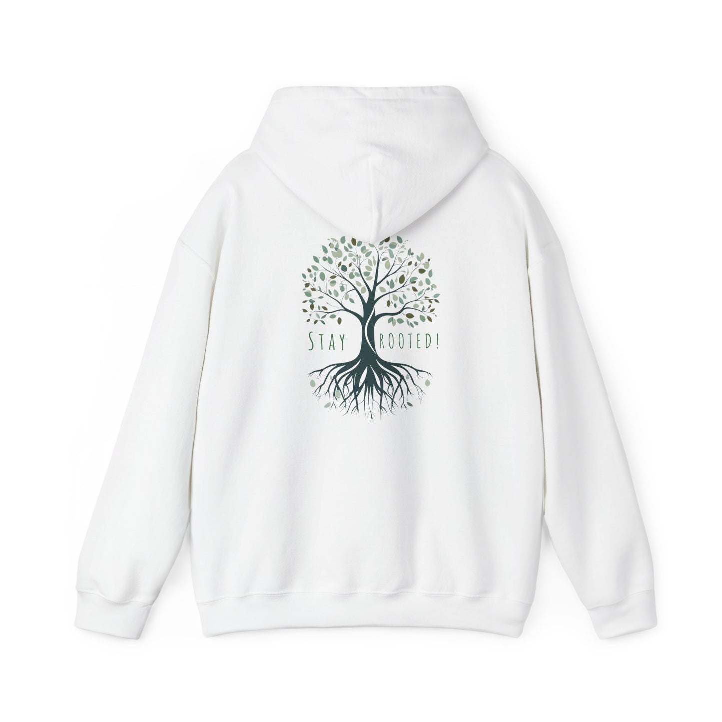 White | Stay Rooted! Hoodie, back design view
