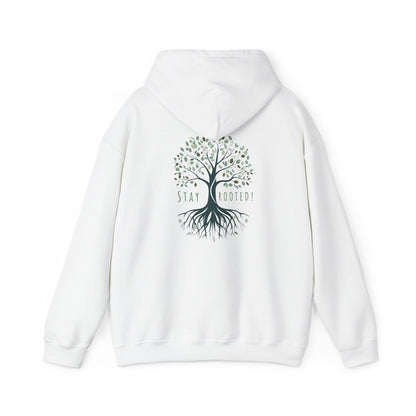 White | Stay Rooted! Hoodie, back design view