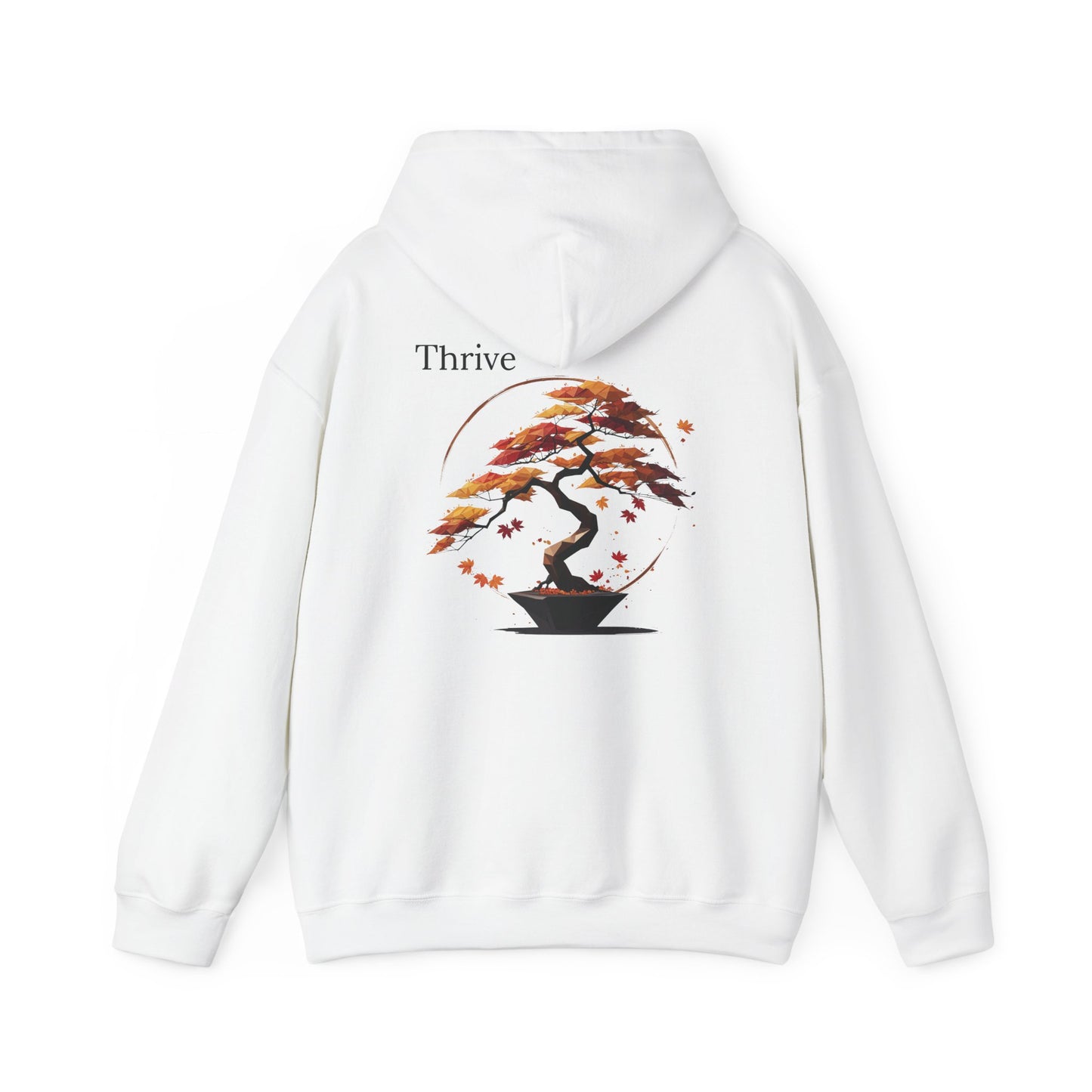 White | Thrive Hoodie, back design view