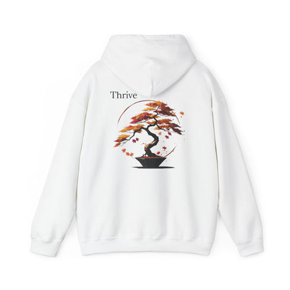 White | Thrive Hoodie, back design view