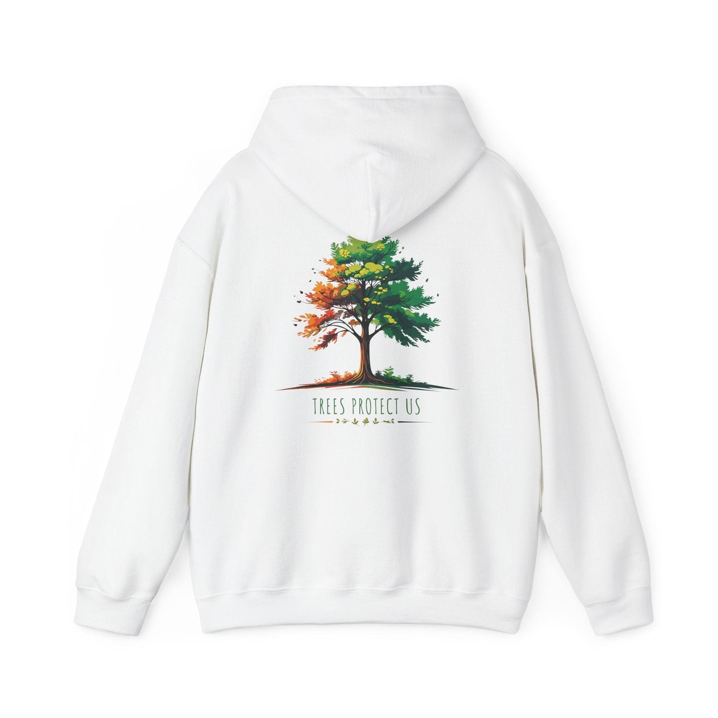 White | Trees Protect US Hoodie, back design view