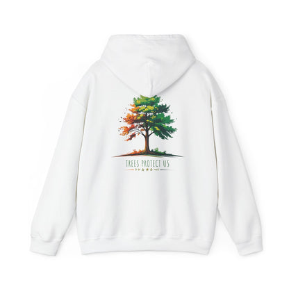 White | Trees Protect US Hoodie, back design view