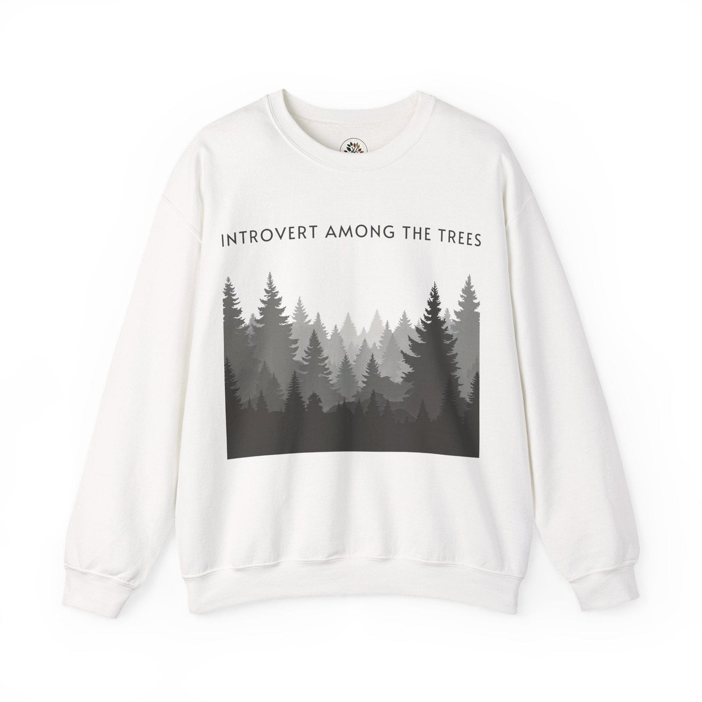 White | Introvert Among the Trees Sweatshirt, front view