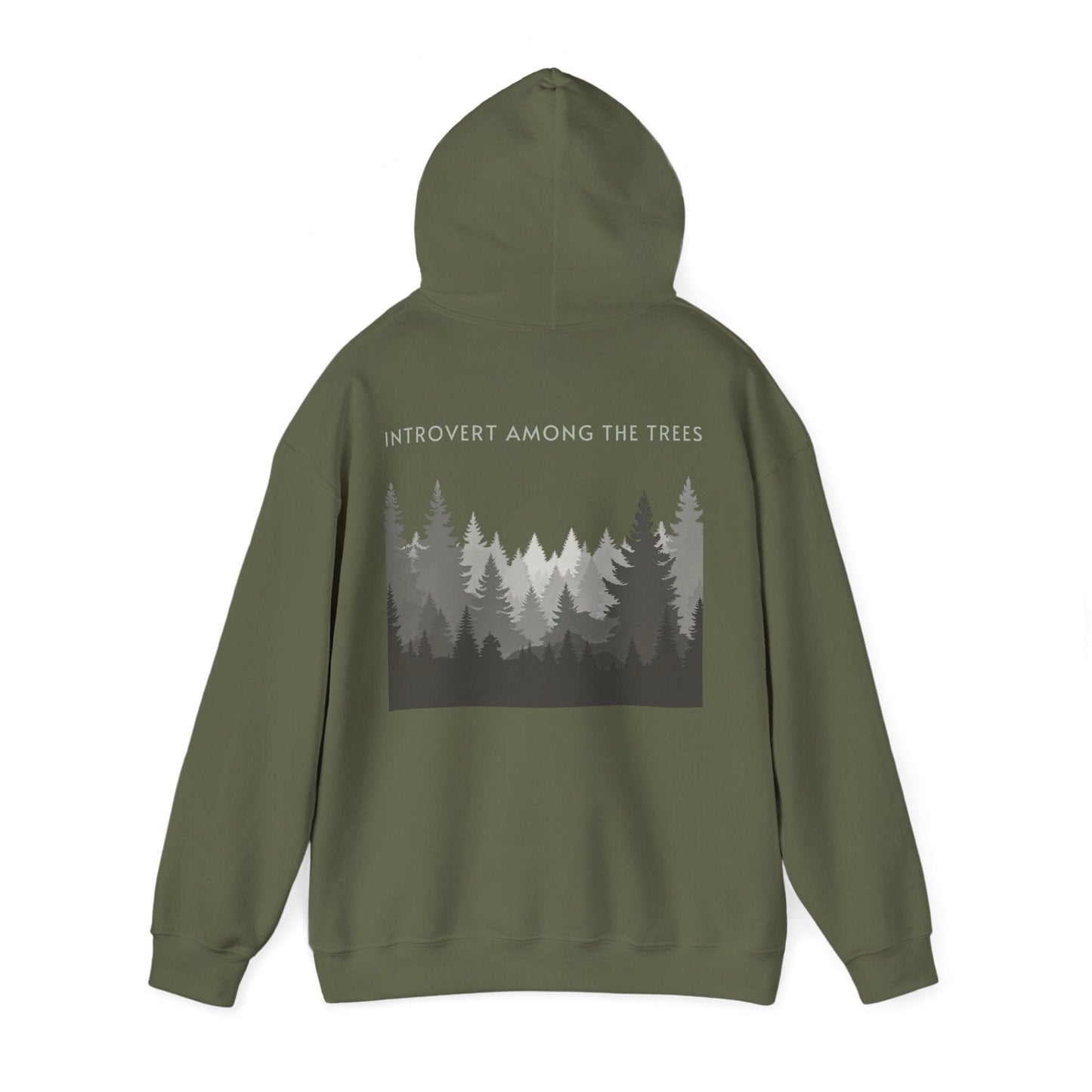 Military Green | Introvert Among the Trees Hoodie, back view 2