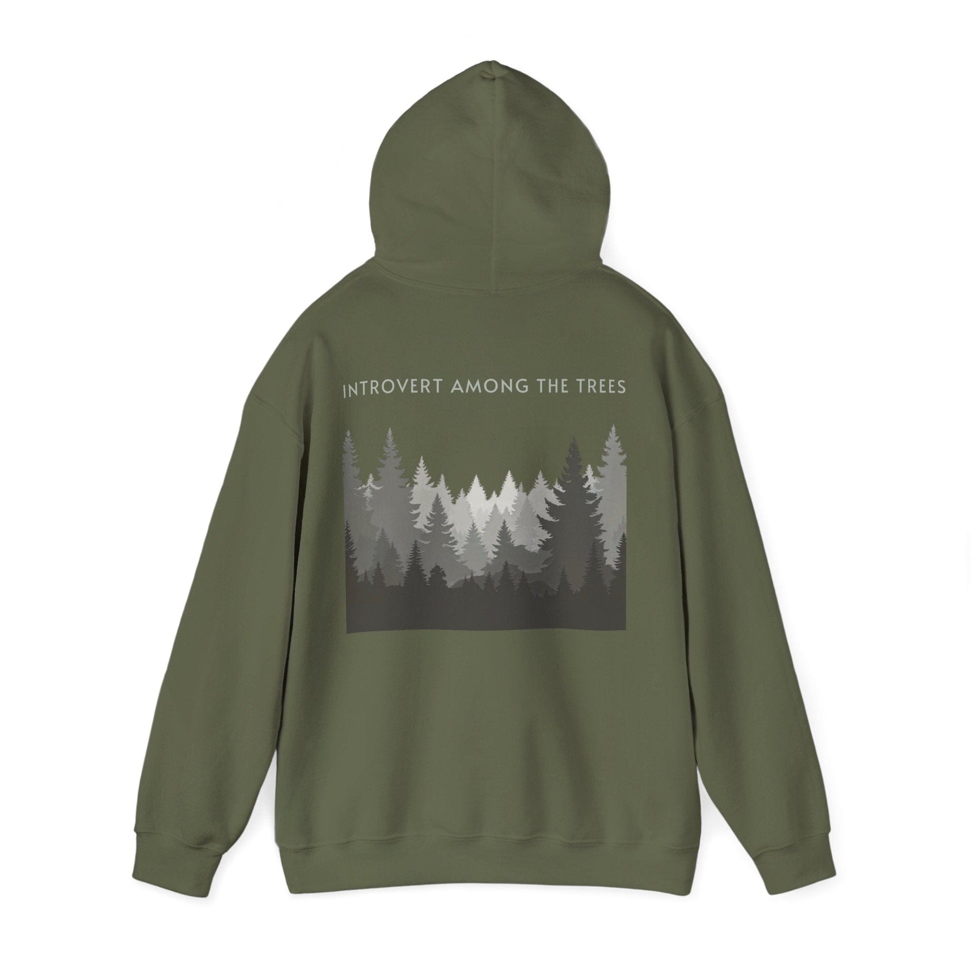 Military Green | Introvert Among the Trees Hoodie, back view 2