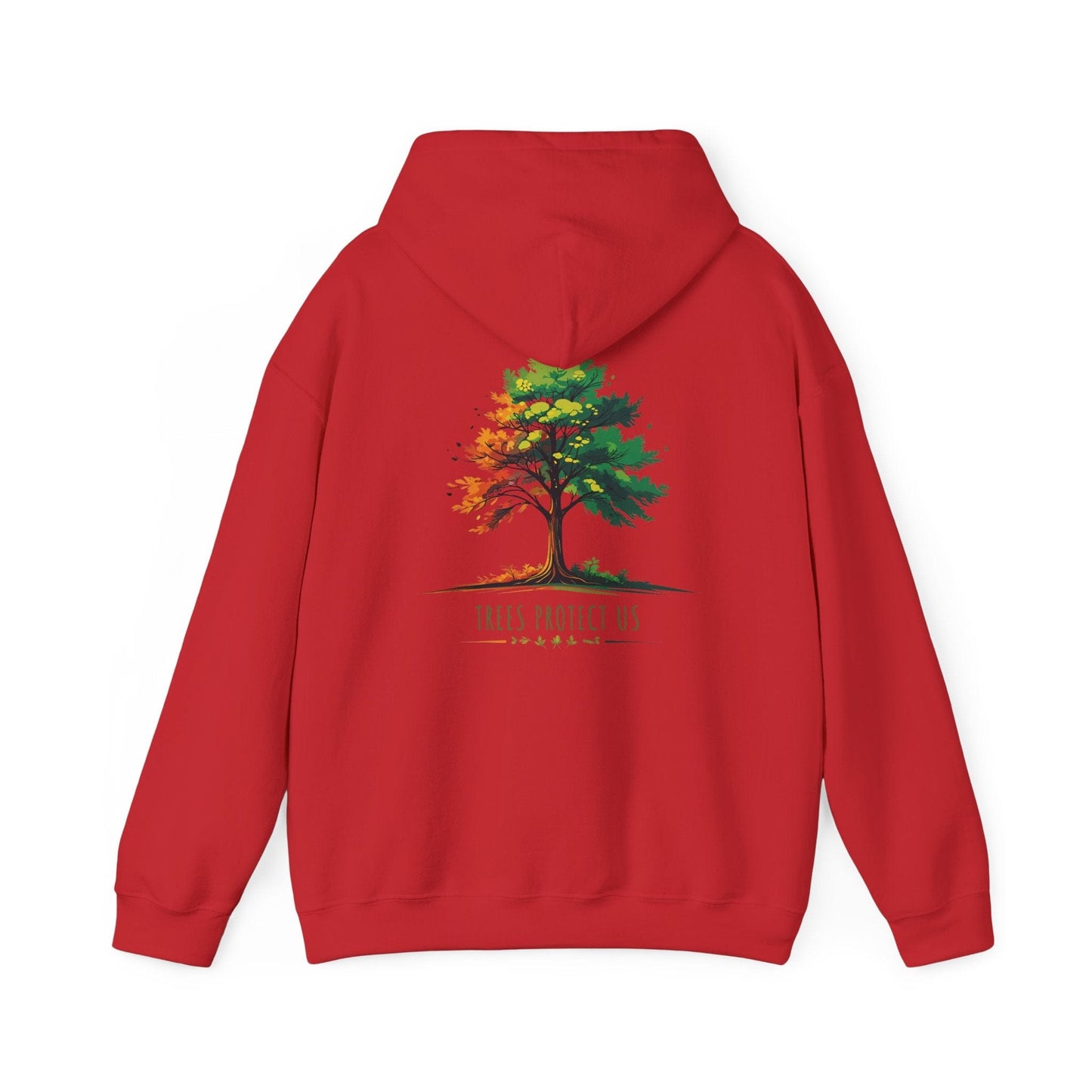 Red | Trees Protect US Hoodie, back design view