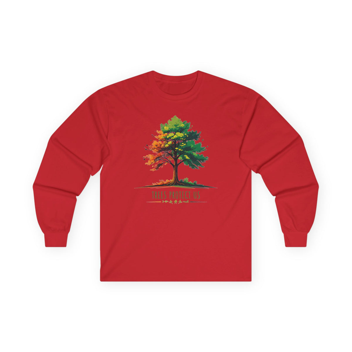 Red | Trees Protect Us Long Sleeve Tee, front view