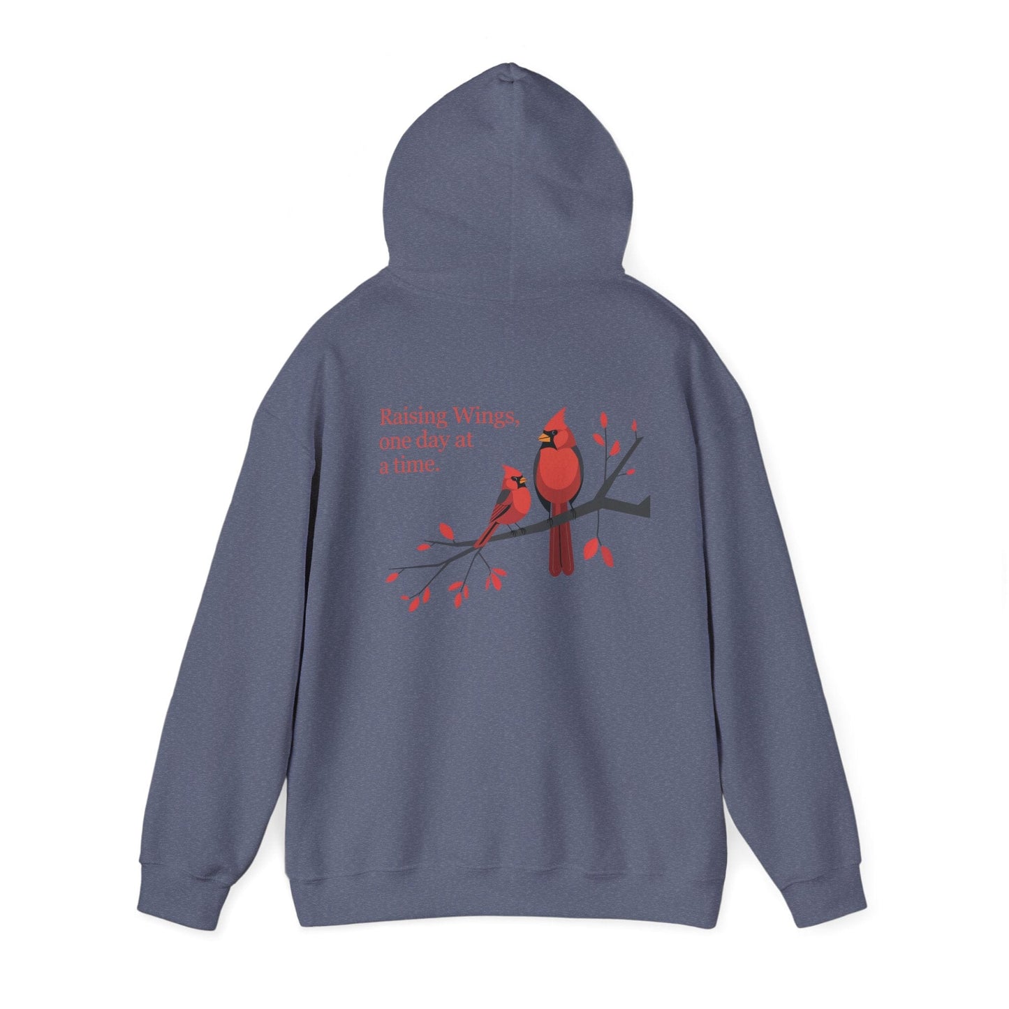 Heather Navy | Raising Wings, One day at a time. Hoodie, back view 2