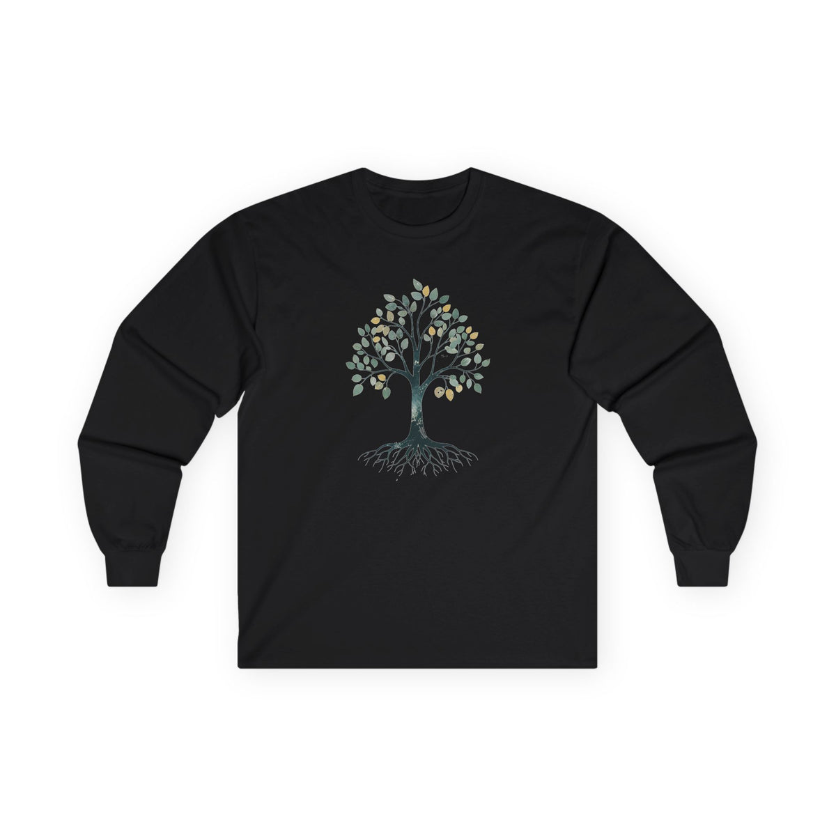 Black | The Story Tree Long Sleeve Tee, front view