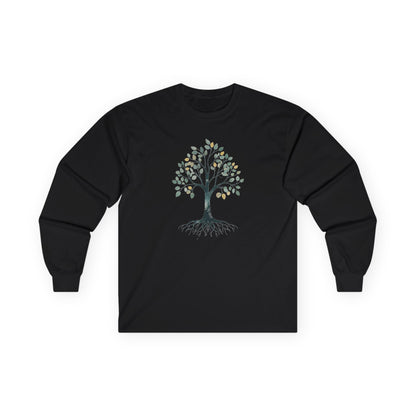 Black | The Story Tree Long Sleeve Tee, front view