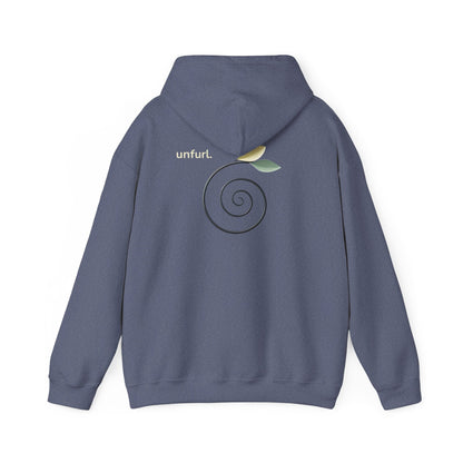 Heather Navy | Unfurl Hoodie, back design view