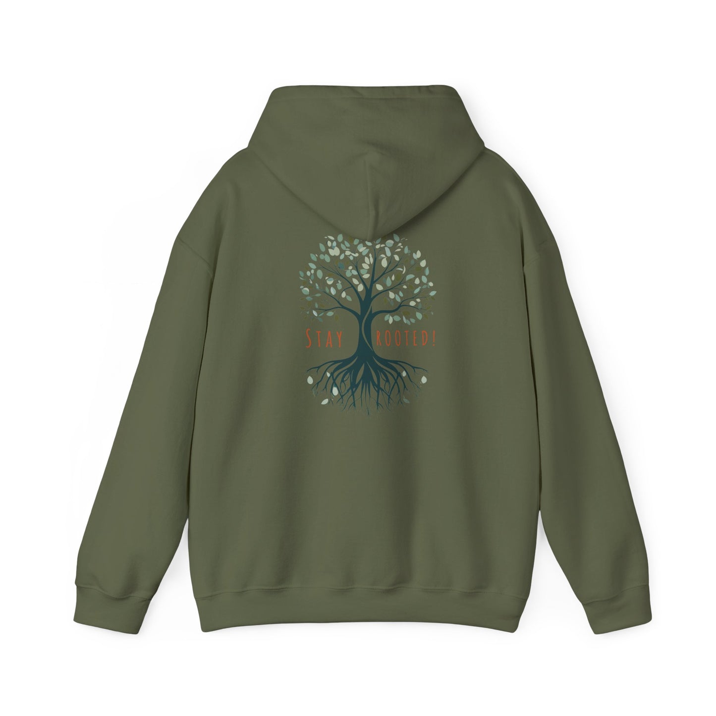 Military Green | Stay Rooted! Hoodie, back design view